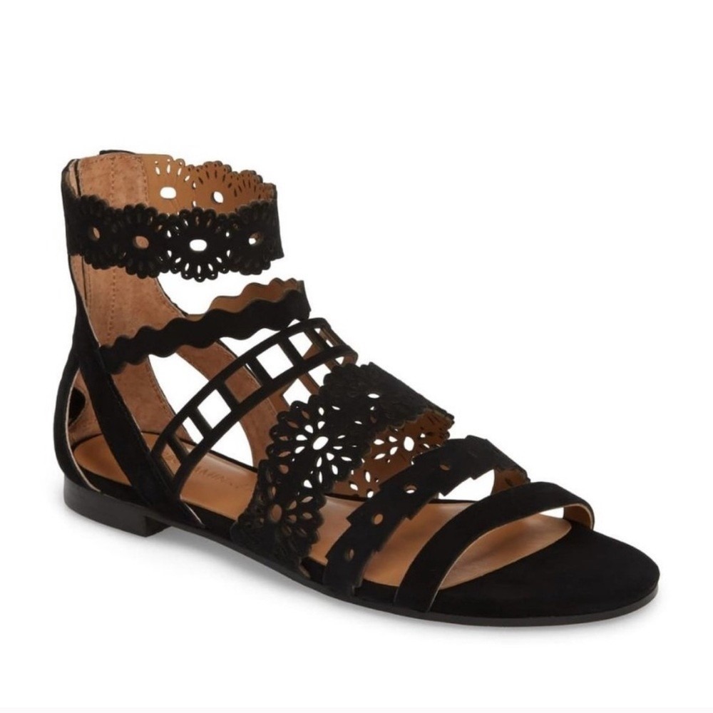 Rebecca Minkoff Black Suede Gladiator Sandal 7.5‎ Scalloped Boho Flat Festival